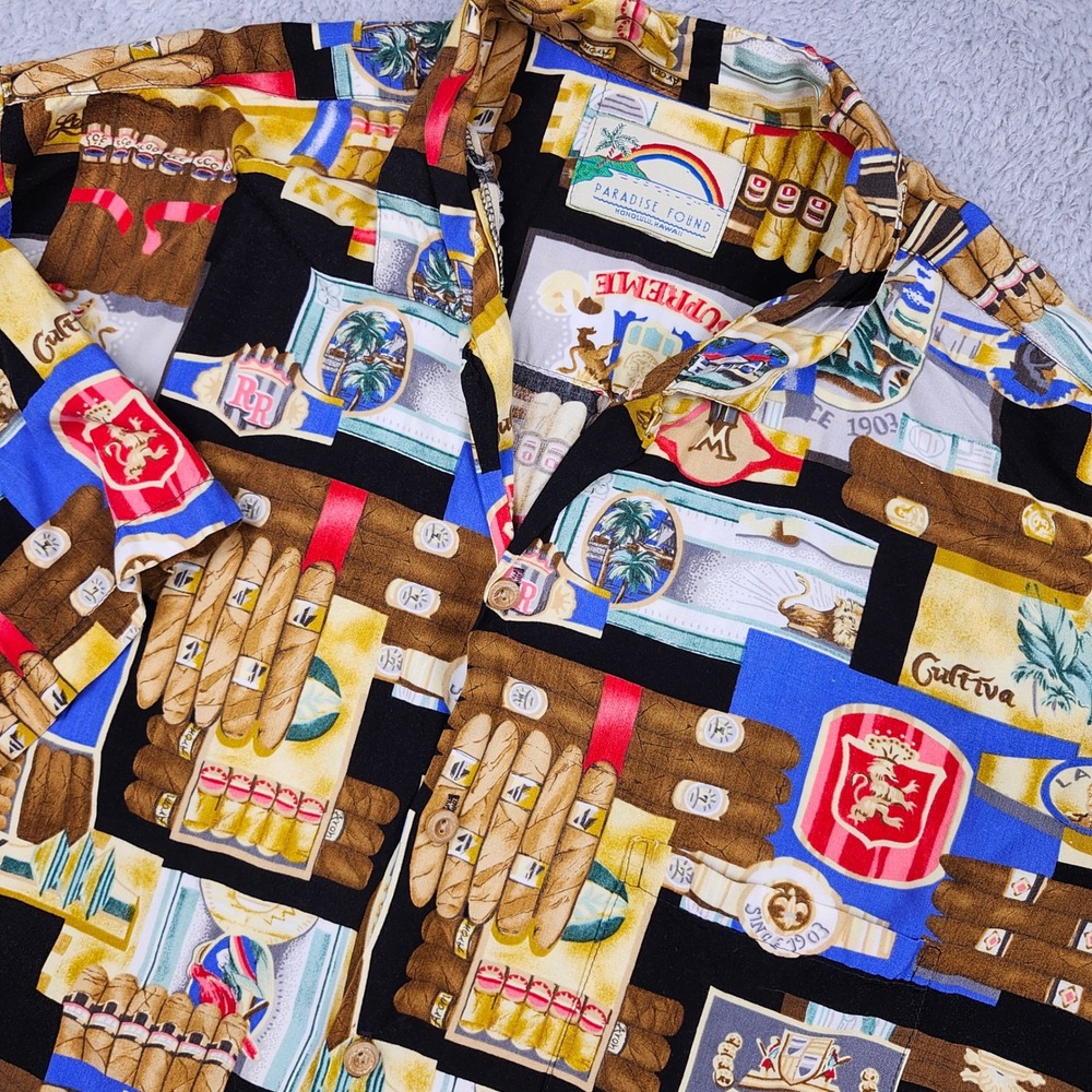 VTG Paradise Found Hawaiian Shirt XL The Big Smoke Cigar Cabana Black Vacation